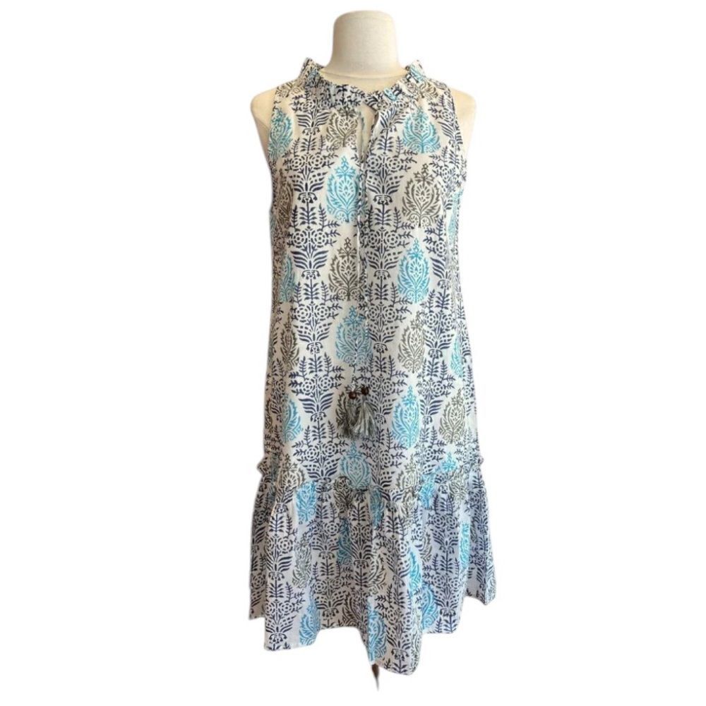 Fitzroy & Willa Sleeveless Navy & Turquoise Floral With Tassel Tie Neckline S